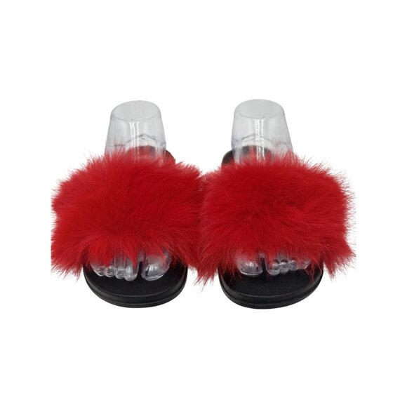 T.S. Womens Slides Size 8/38-39 Red Fluffy Faux Fur Rubber Sandals - Picture 2 of 9
